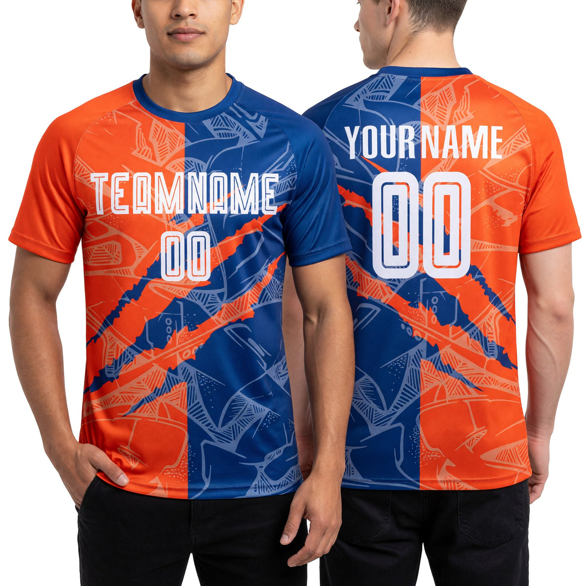 Custom Graffiti Pattern Royal-Orange Scratch Sublimation Soccer Uniform Jersey worn front and back