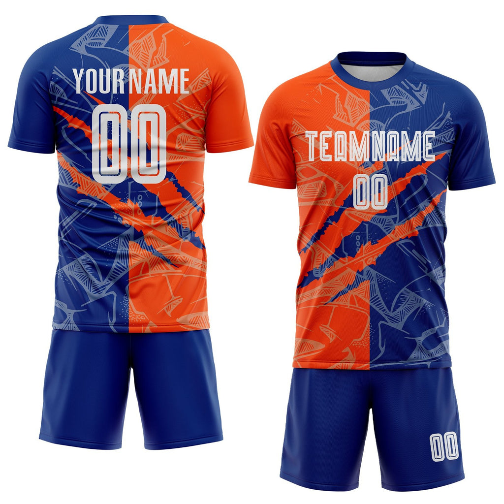 Custom Graffiti Pattern Royal-Orange Scratch Sublimation Soccer Uniform Jersey photo 2