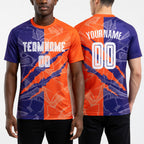 Custom Graffiti Pattern Dark Purple-Orange Scratch Sublimation Soccer Uniform Jersey worn front and back