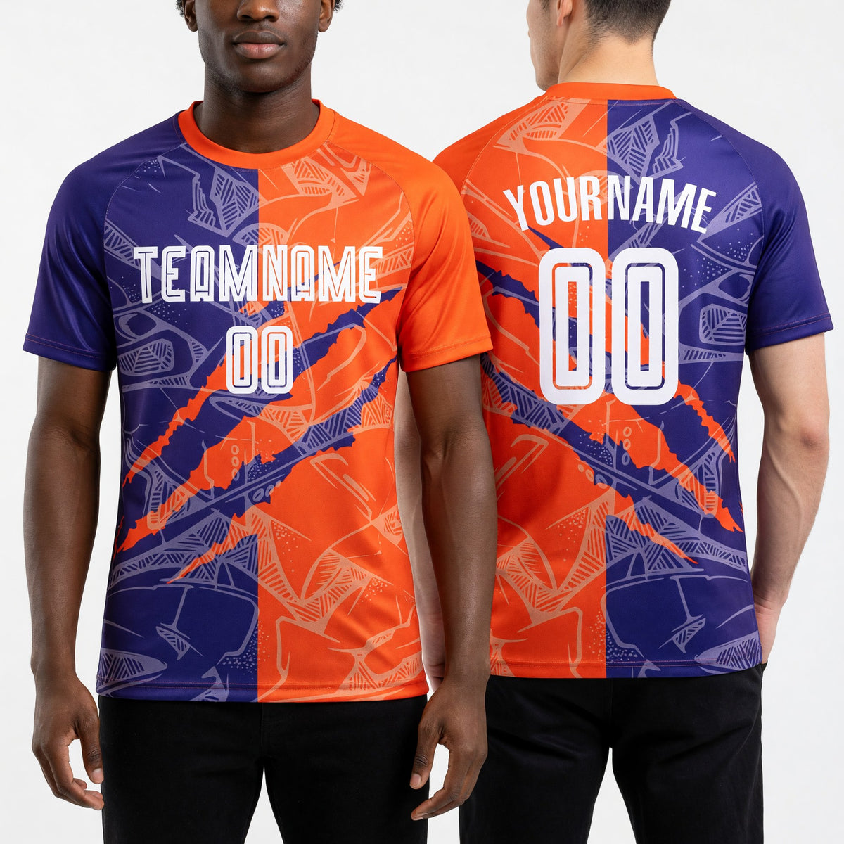 Custom Graffiti Pattern Dark Purple-Orange Scratch Sublimation Soccer Uniform Jersey worn front and back