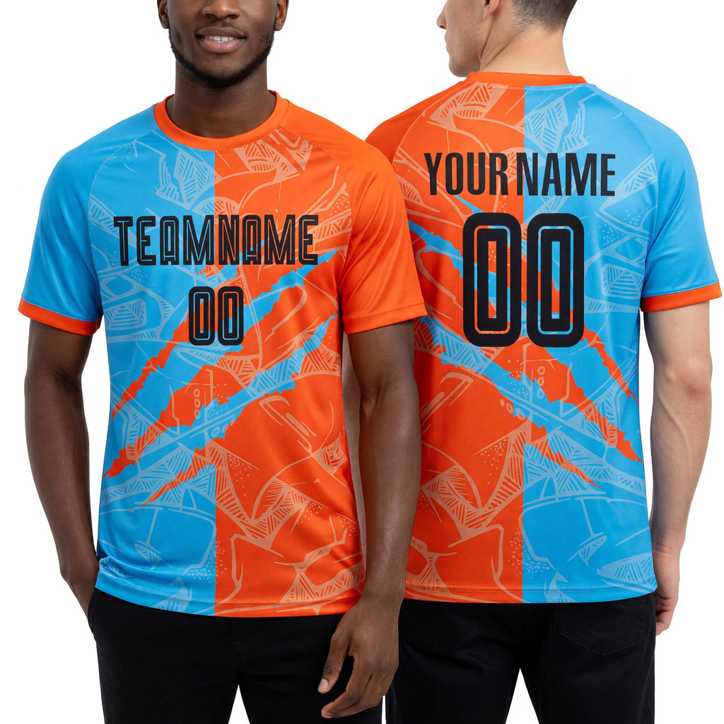 Custom Graffiti Pattern Black Sky Blue-Orange Scratch Sublimation Soccer Uniform Jersey worn front and back