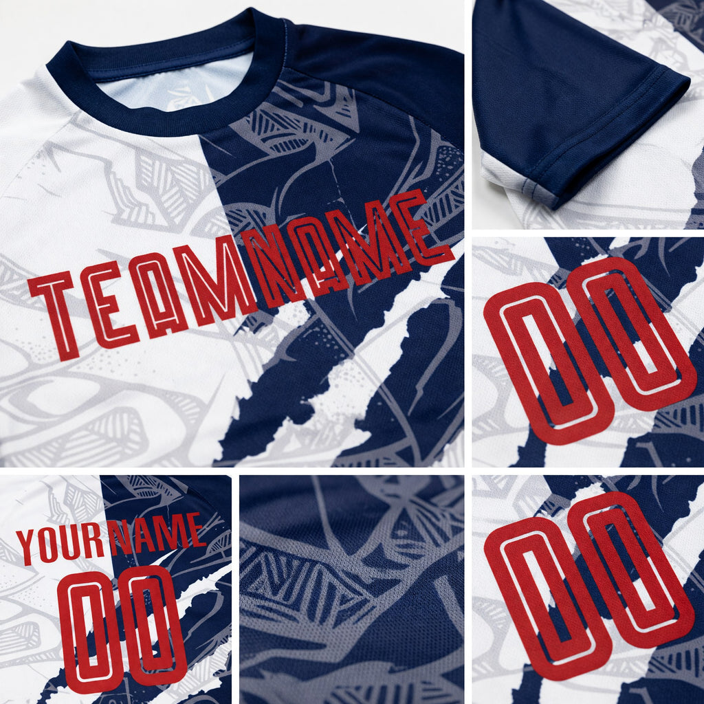 Custom Graffiti Pattern Red-Navy Scratch Sublimation Soccer Uniform Jersey detail