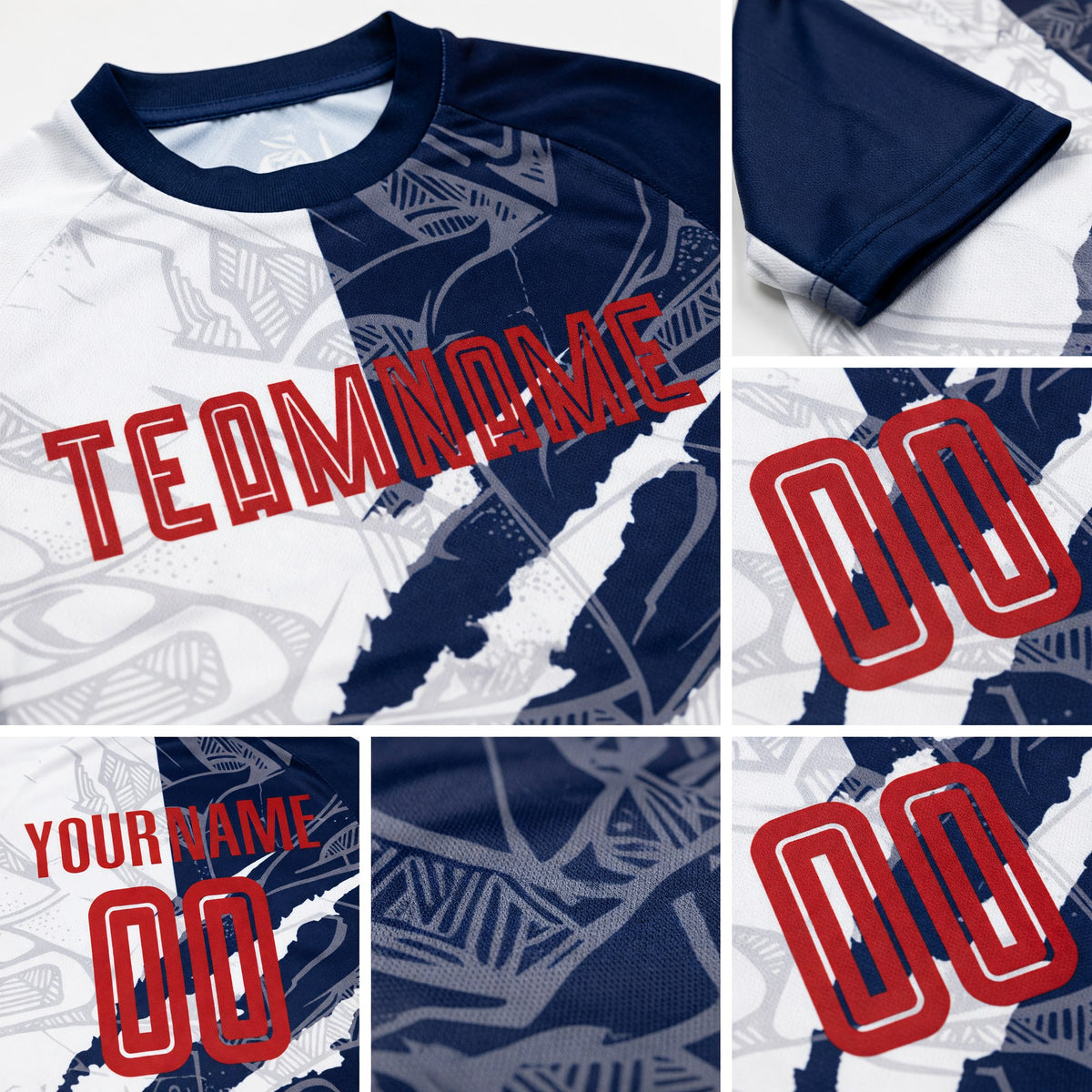 Custom Graffiti Pattern Red-Navy Scratch Sublimation Soccer Uniform Jersey detail