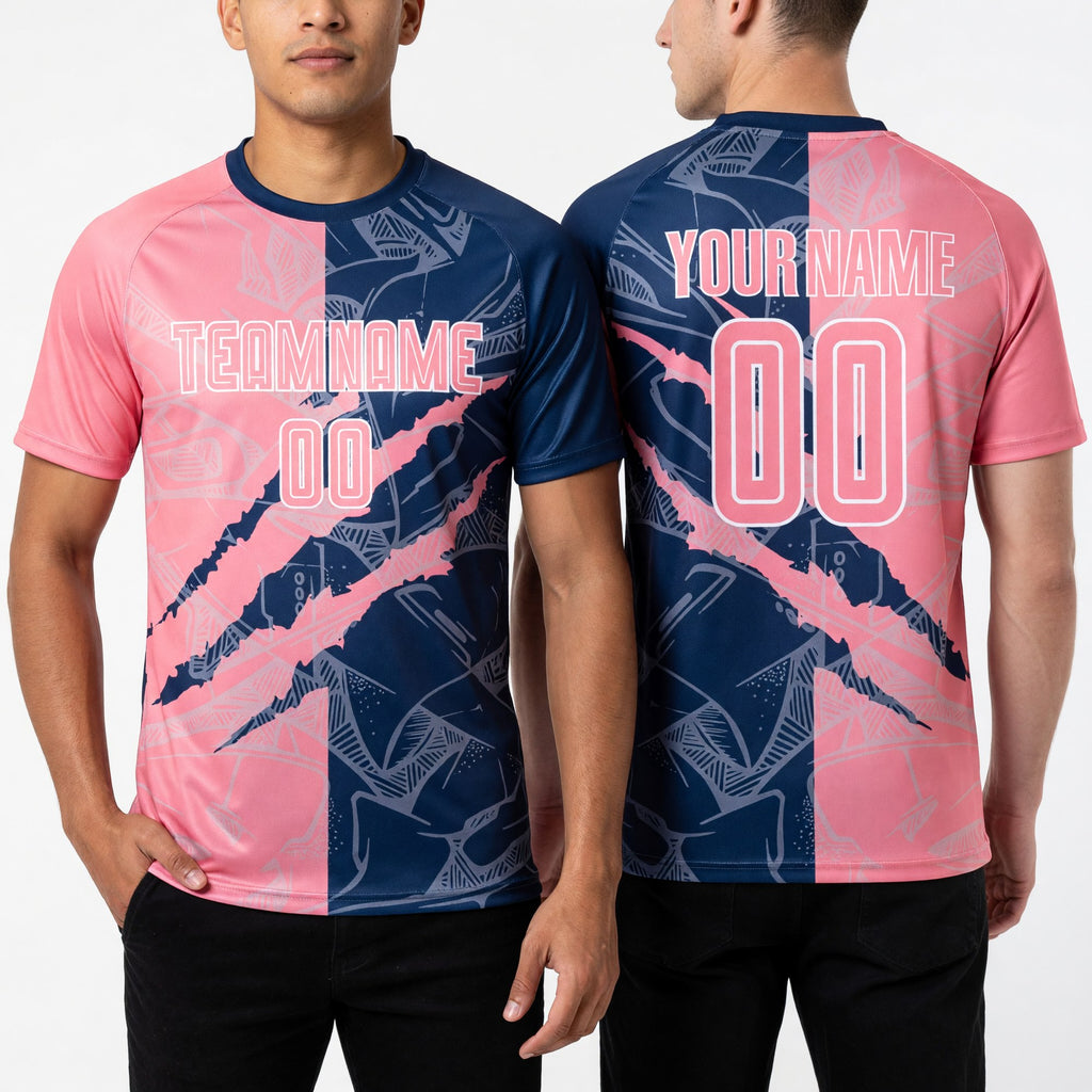 Custom Graffiti Pattern Medium Pink-Navy Scratch Sublimation Soccer Uniform Jersey worn front and back