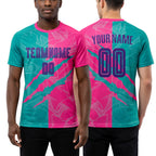 Custom Graffiti Pattern Purple Teal-Pink Scratch Sublimation Soccer Uniform Jersey worn front and back