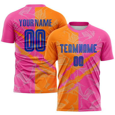 Custom Royal Graffiti Scratch Sublimated Soccer Jersey with Bay Orange and Pink Lettering