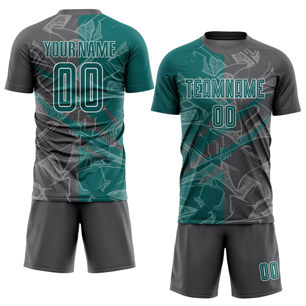 Custom Graffiti Pattern Teal-Steel Gray Scratch Sublimation Soccer Uniform Jersey photo 2