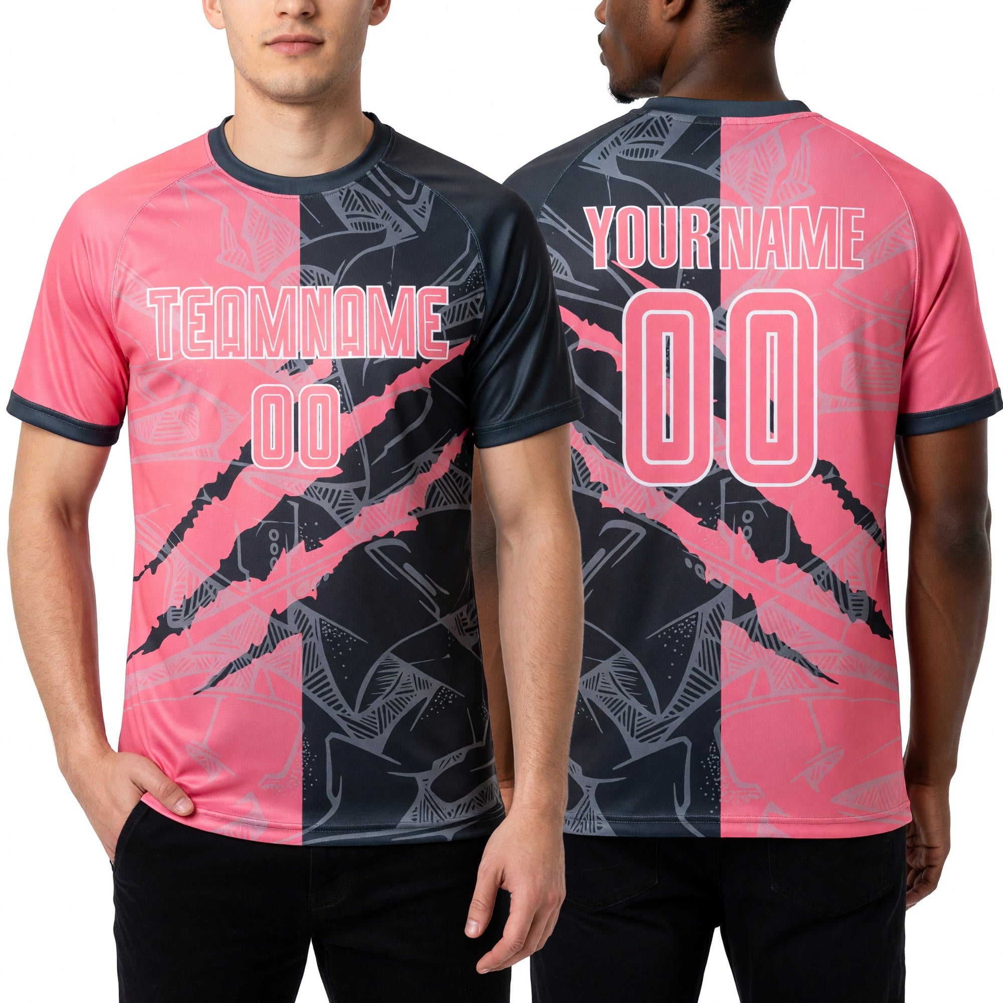 Custom Graffiti Pattern Medium Pink-Steel Gray Scratch Sublimation Soccer Uniform Jersey worn front and back