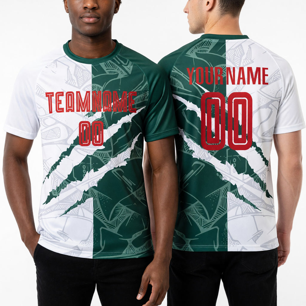 Custom Graffiti Pattern Red-Green Scratch Sublimation Soccer Uniform Jersey worn front and back