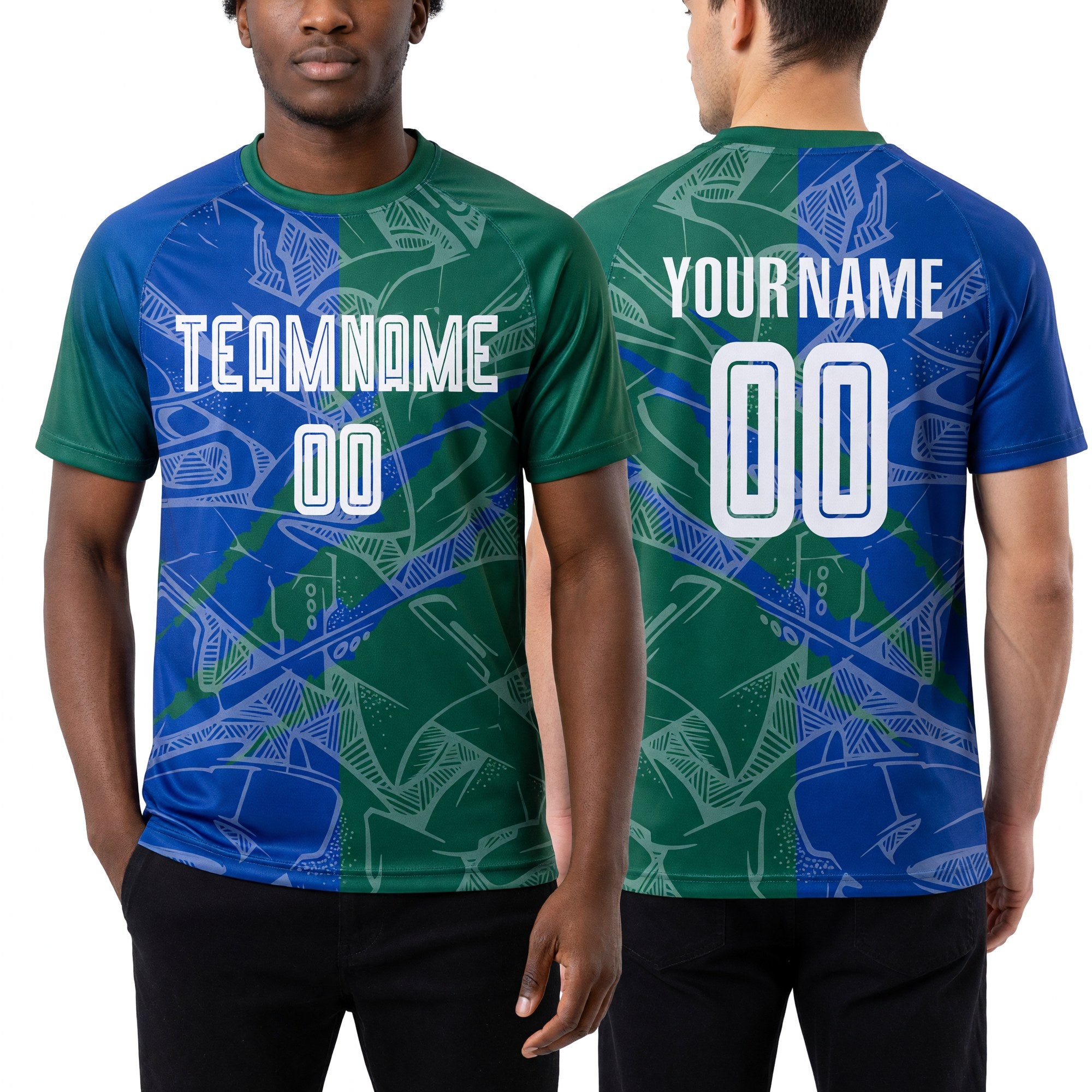 Custom Graffiti Pattern Thunder Blue-Kelly Green Scratch Sublimation Soccer Uniform Jersey worn front and back