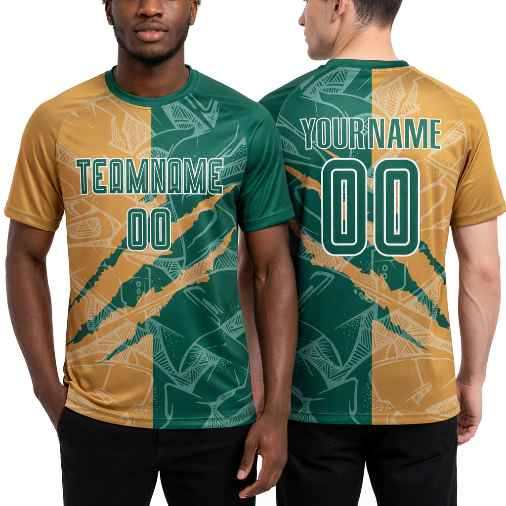 Custom Graffiti Pattern Kelly Green-Old Gold Scratch Sublimation Soccer Uniform Jersey worn front and back