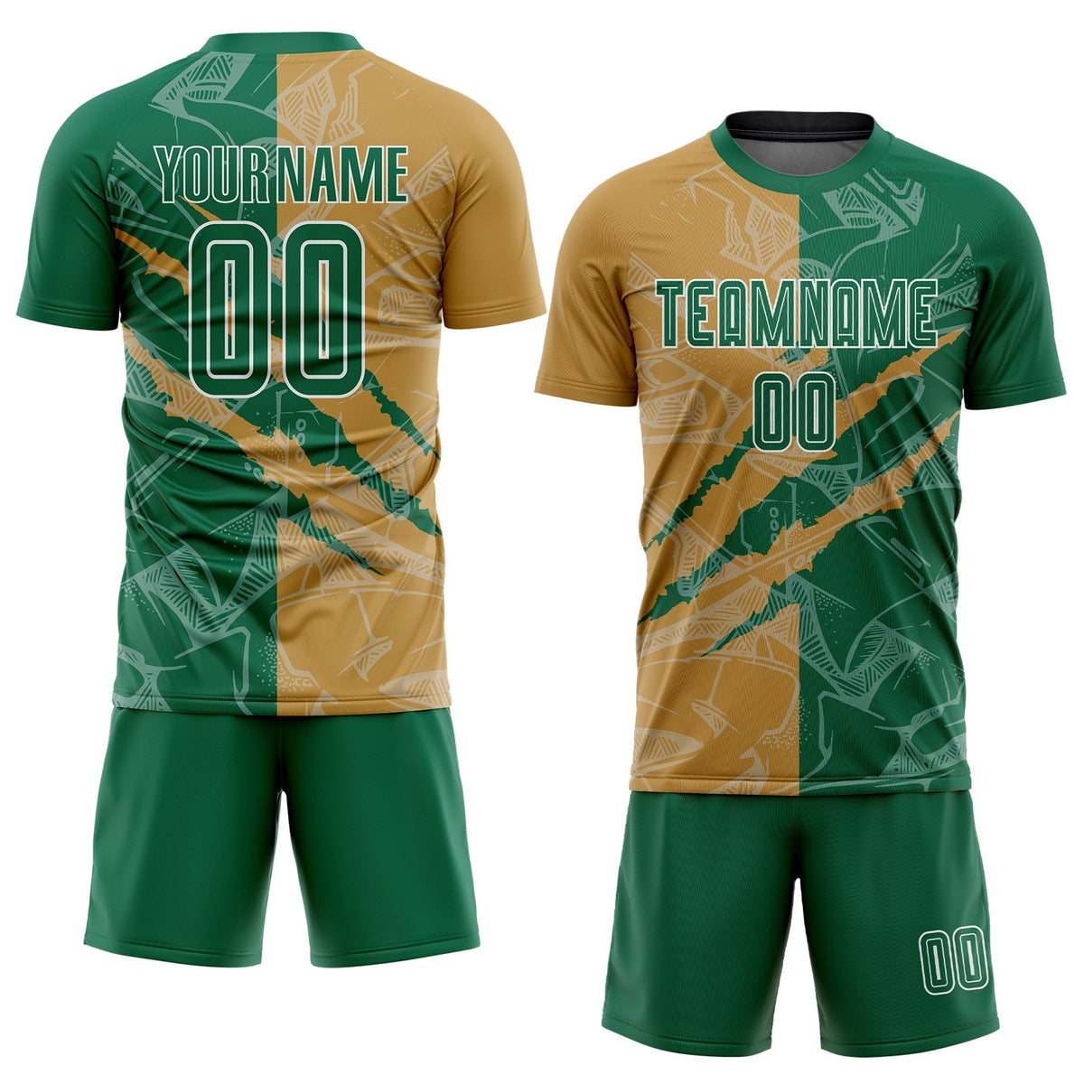 Custom Graffiti Pattern Kelly Green-Old Gold Scratch Sublimation Soccer Uniform Jersey photo 2