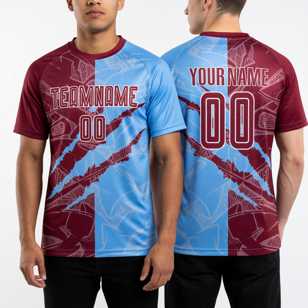 Custom Graffiti Pattern Crimson-Light Blue Scratch Sublimation Soccer Uniform Jersey worn front and back