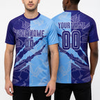 Custom Graffiti Pattern Dark Purple-Light Blue Scratch Sublimation Soccer Uniform Jersey worn front and back