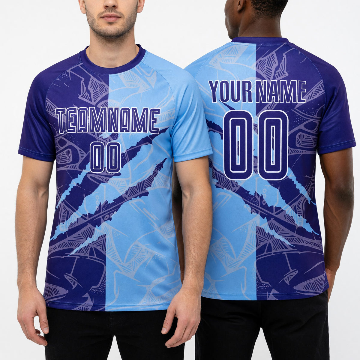Custom Graffiti Pattern Dark Purple-Light Blue Scratch Sublimation Soccer Uniform Jersey worn front and back