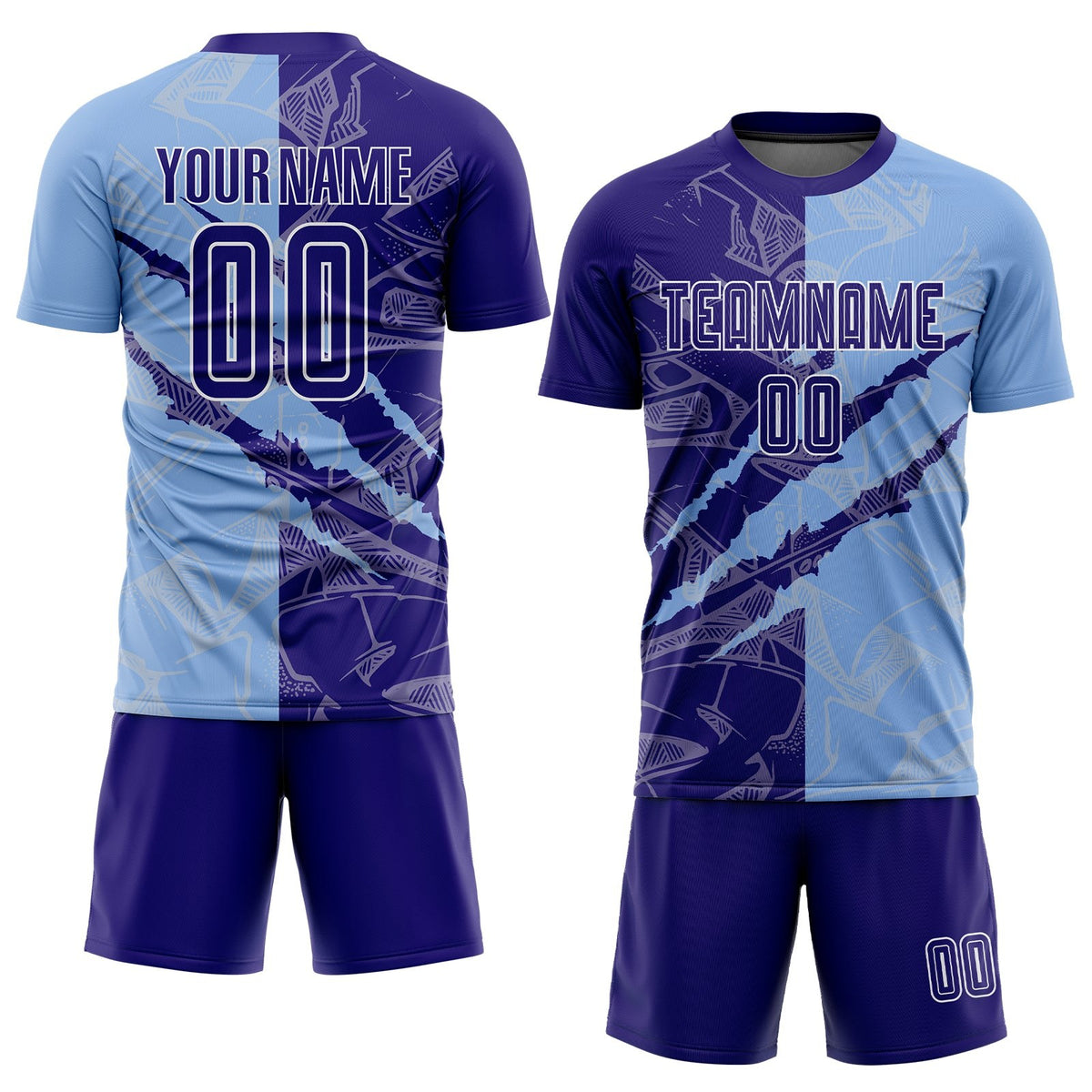Custom Graffiti Pattern Dark Purple-Light Blue Scratch Sublimation Soccer Uniform Jersey photo 2