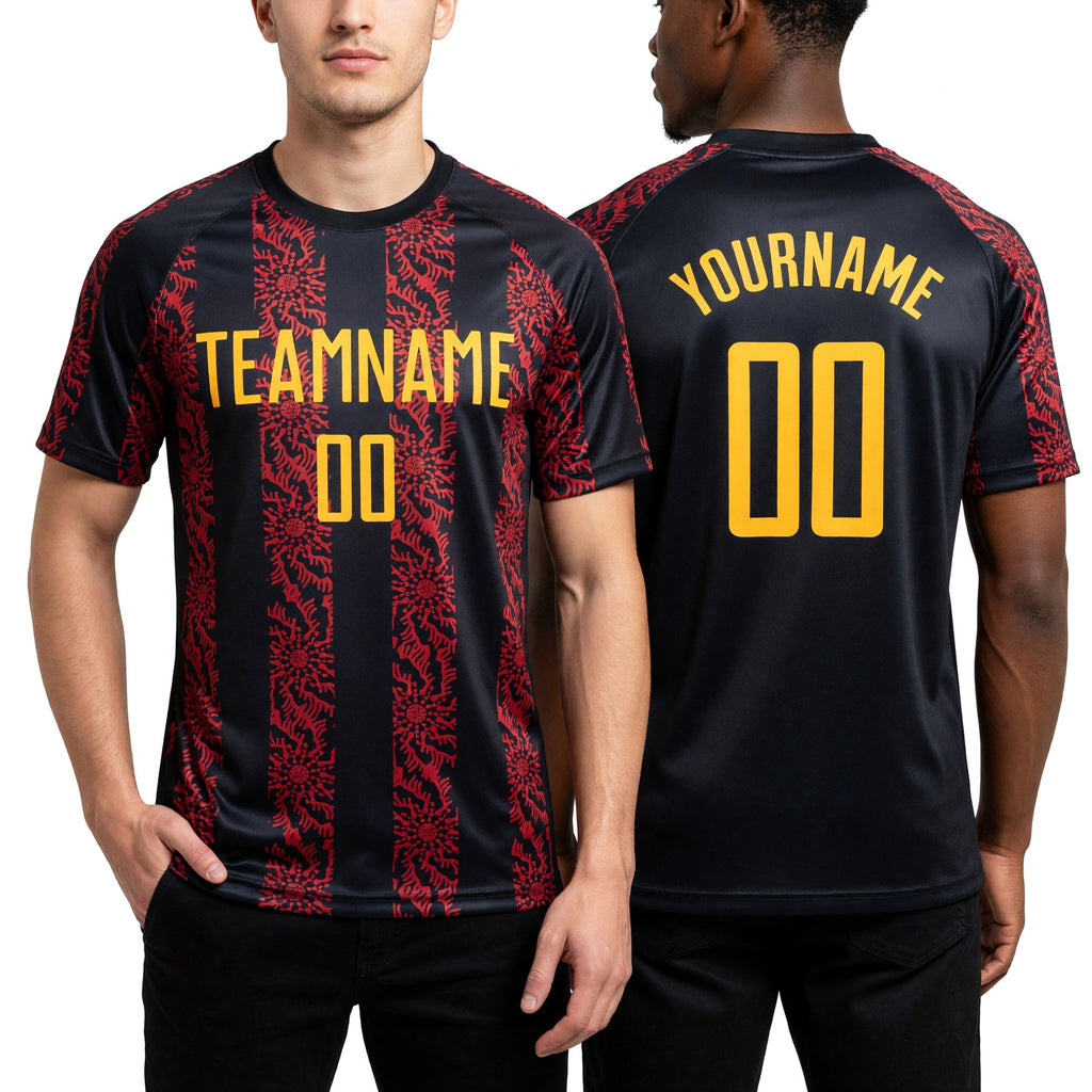 Custom Black Gold-Red Abstract Shape Sublimation Soccer Uniform Jersey worn front and back