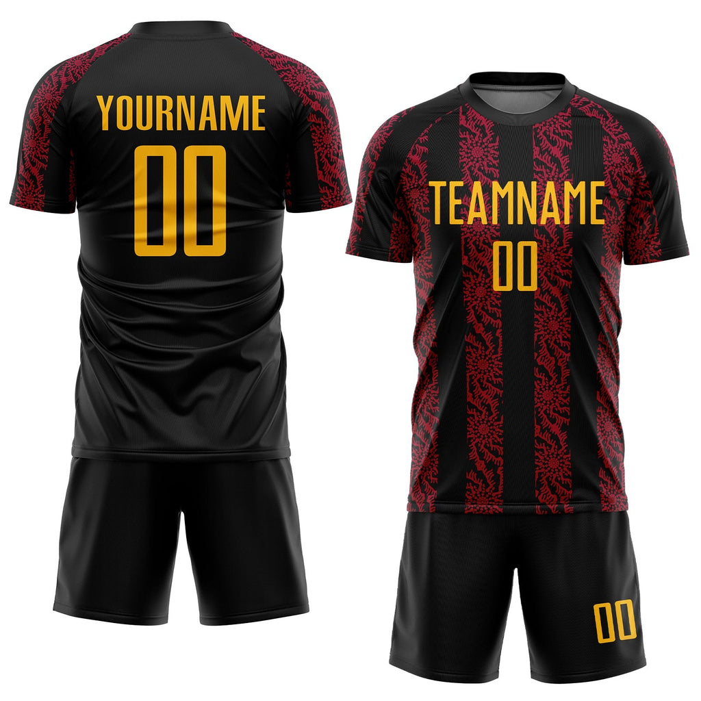 Custom Black Gold-Red Abstract Shape Sublimation Soccer Uniform Jersey photo 2