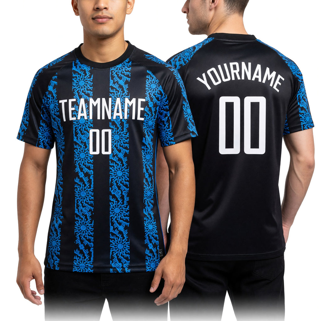 Custom Black White-Powder Blue Abstract Shape Sublimation Soccer Uniform Jersey worn front and back
