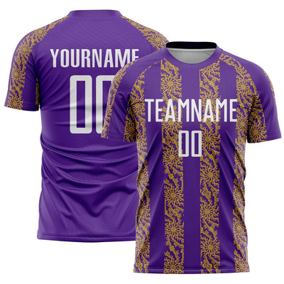 Custom Purple Abstract Shape Sublimated Soccer Jersey with White and Old Gold Lettering