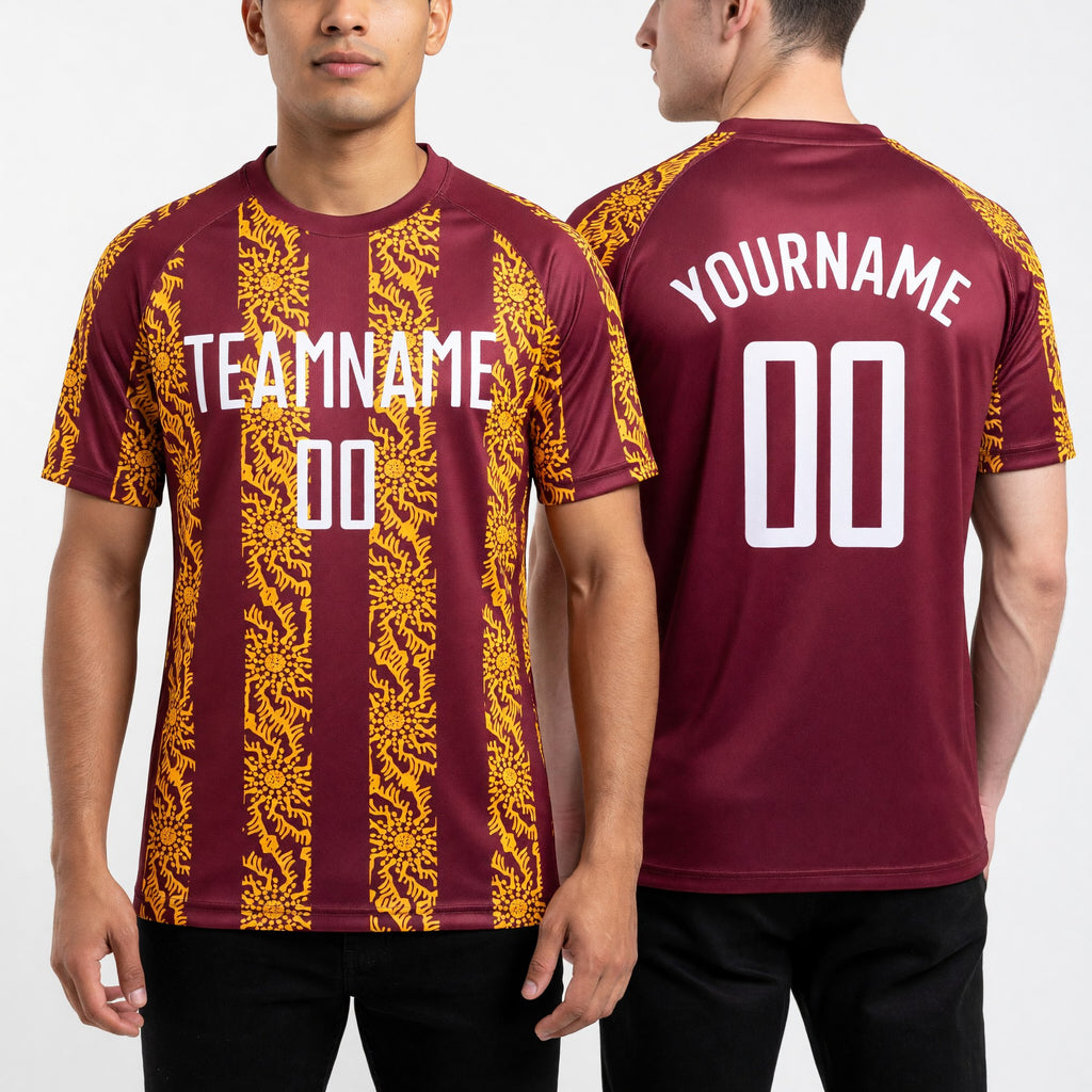 Custom Crimson White-Gold Abstract Shape Sublimation Soccer Uniform Jersey worn front and back