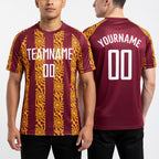 Custom Crimson White-Gold Abstract Shape Sublimation Soccer Uniform Jersey worn front and back