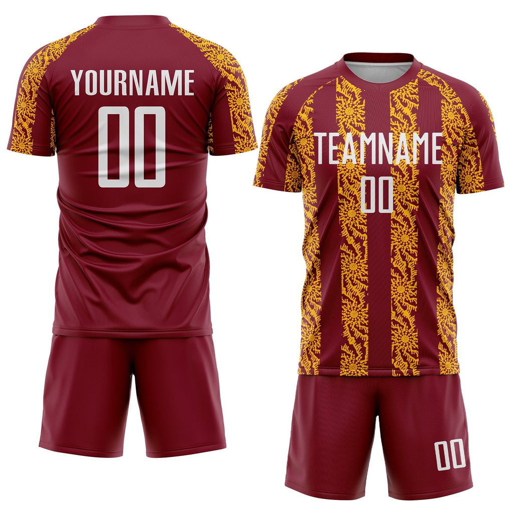 Custom Crimson White-Gold Abstract Shape Sublimation Soccer Uniform Jersey photo 2