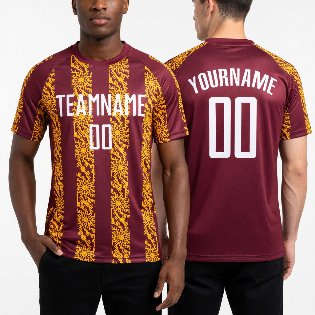Custom Burgundy White-Gold Abstract Shape Sublimation Soccer Uniform Jersey worn front and back