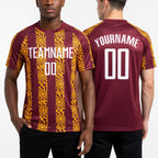 Custom Burgundy White-Gold Abstract Shape Sublimation Soccer Uniform Jersey worn front and back