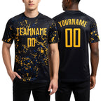 Custom Black Gold-Royal Abstract Fragment Art Sublimation Soccer Uniform Jersey worn front and back