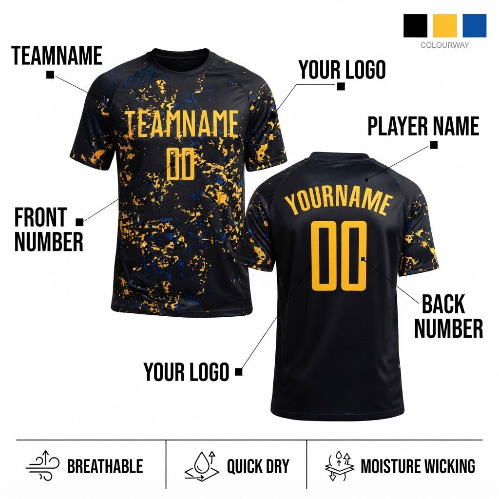 Custom Black Abstract Fragment Art Sublimated Soccer Jersey with Gold and Royal Lettering customization guide