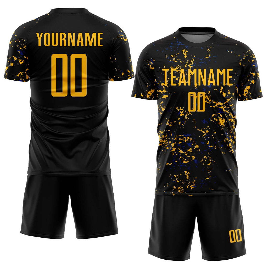 Custom Black Gold-Royal Abstract Fragment Art Sublimation Soccer Uniform Jersey photo 2