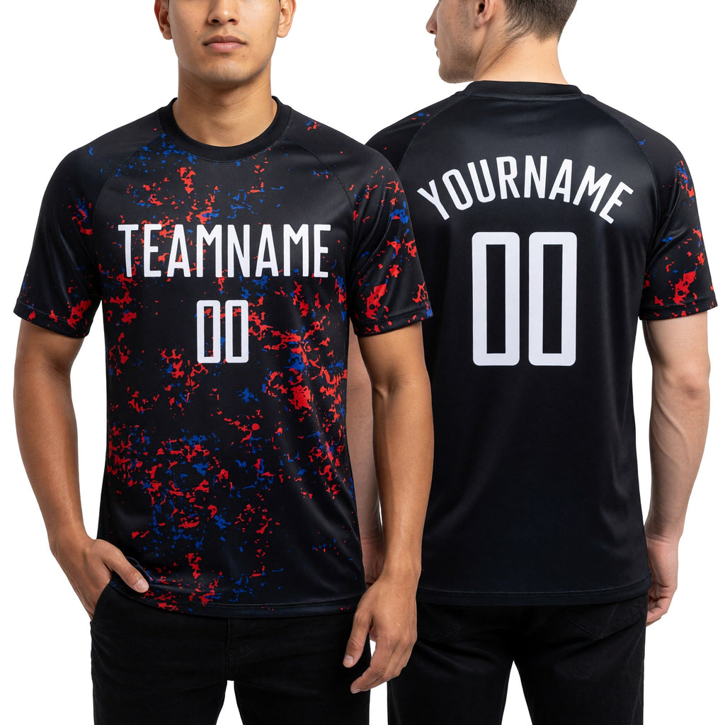 Custom Black Red-Royal Abstract Fragment Art Sublimation Soccer Uniform Jersey worn front and back