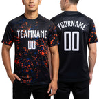 Custom Black Orange-Royal Abstract Fragment Art Sublimation Soccer Uniform Jersey worn front and back