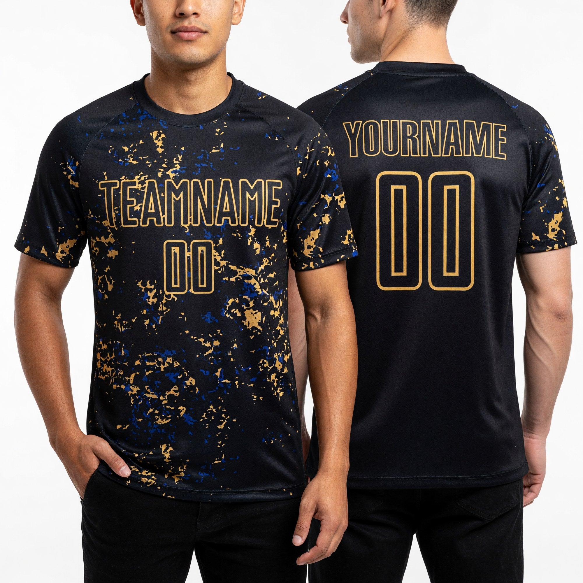 Custom Black Old Gold-Royal Abstract Fragment Art Sublimation Soccer Uniform Jersey worn front and back