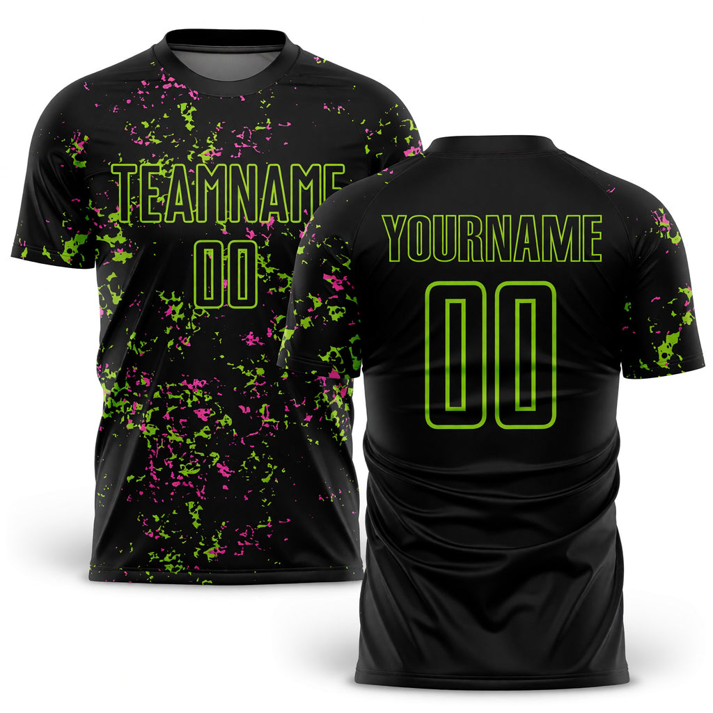 Custom Black Neon Green-Pink Abstract Fragment Art Sublimation Soccer Uniform Jersey
