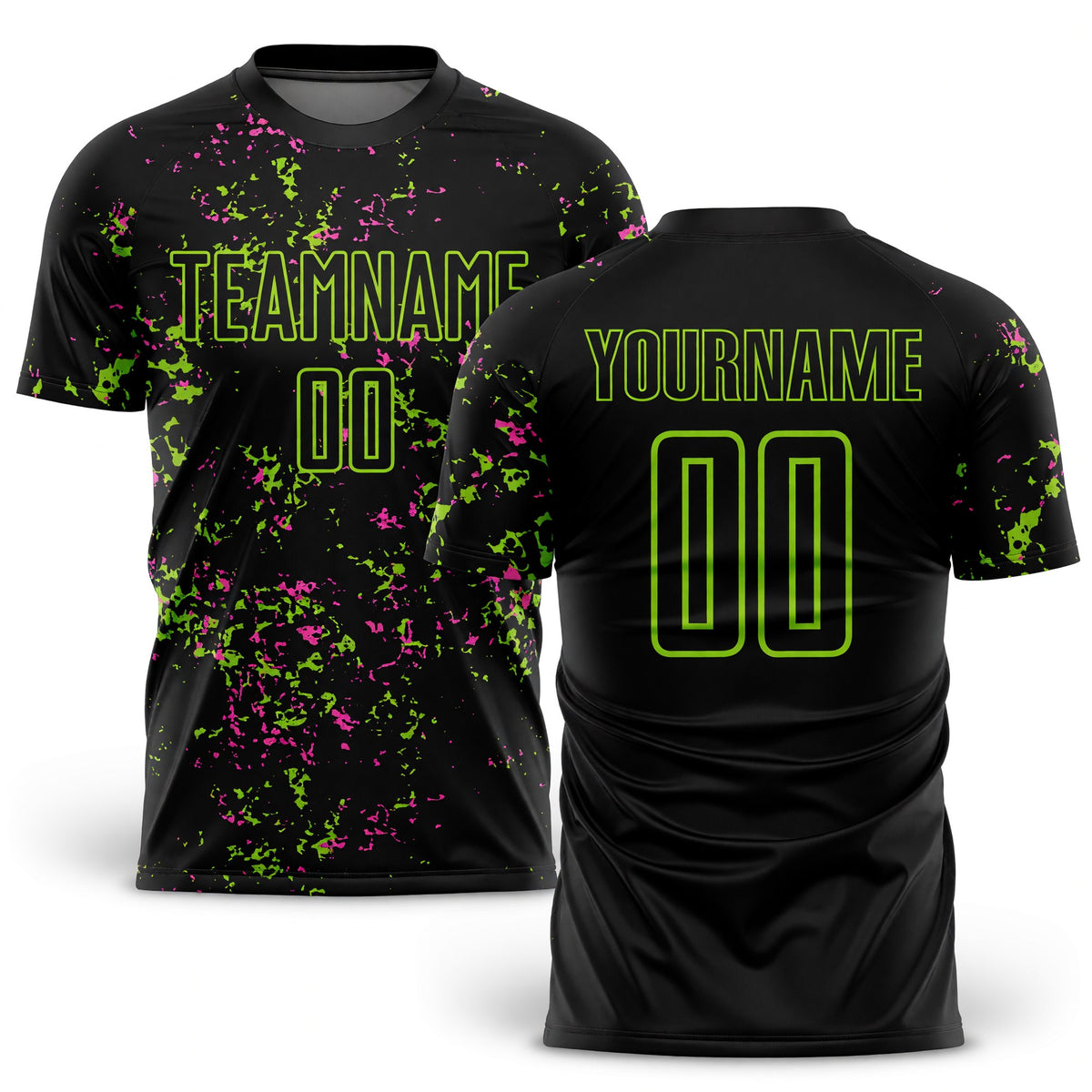 Custom Black Neon Green-Pink Abstract Fragment Art Sublimation Soccer Uniform Jersey