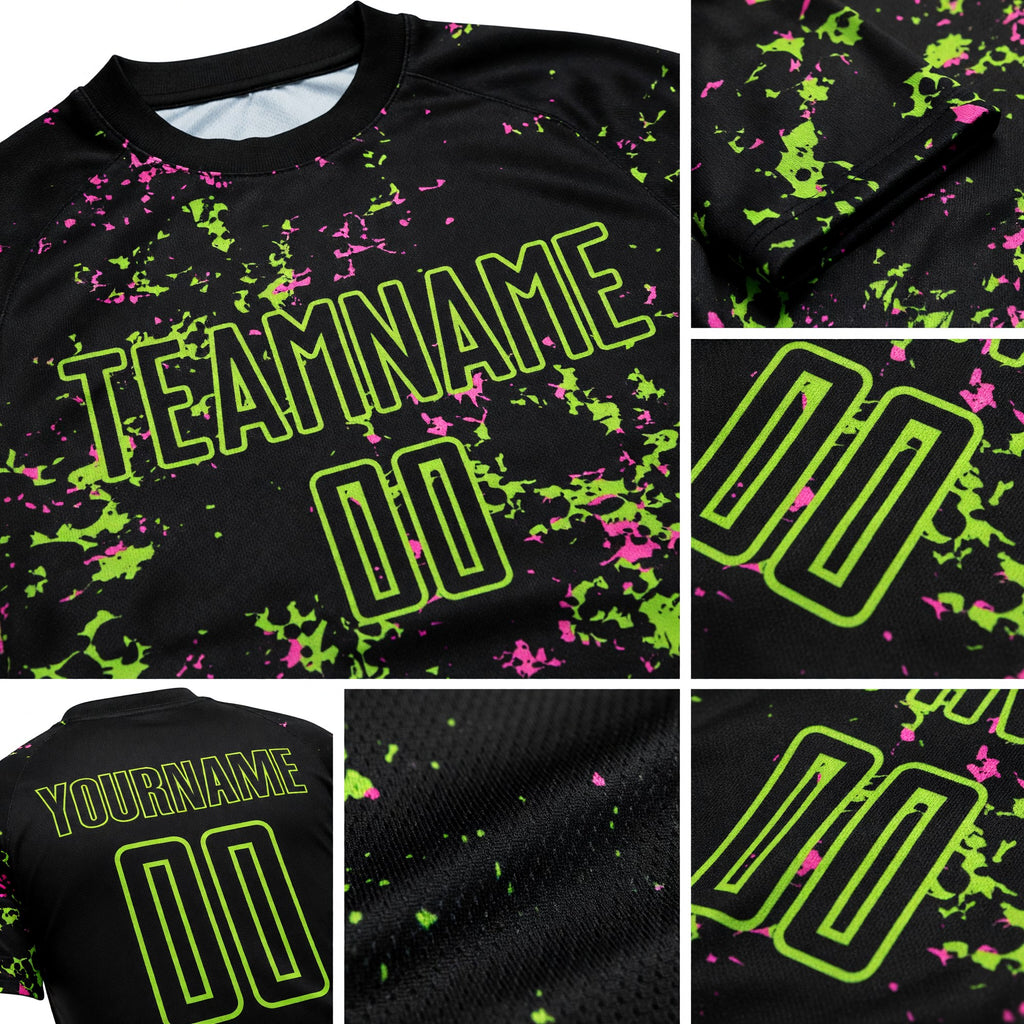 Custom Black Neon Green-Pink Abstract Fragment Art Sublimation Soccer Uniform Jersey detail