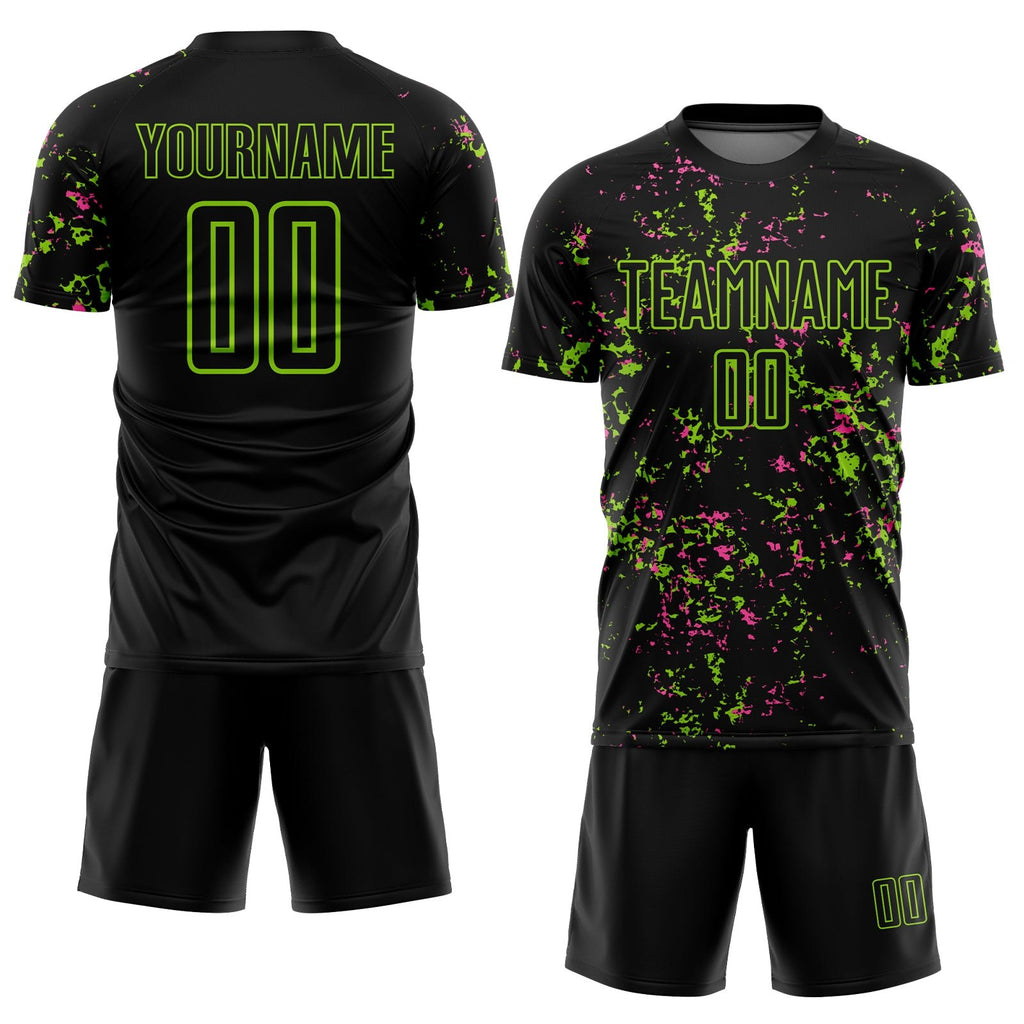 Custom Black Neon Green-Pink Abstract Fragment Art Sublimation Soccer Uniform Jersey photo 2