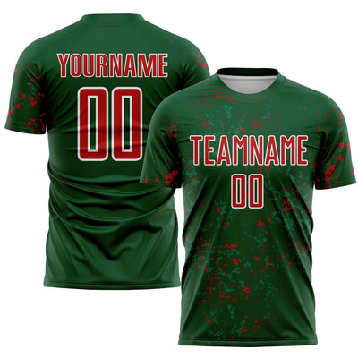 Custom Green Abstract Fragment Art Sublimated Soccer Jersey with Red and Kelly Green Lettering