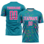 Custom Teal Pink-Neon Green Abstract Fragment Art Sublimation Soccer Uniform Jersey photo 1