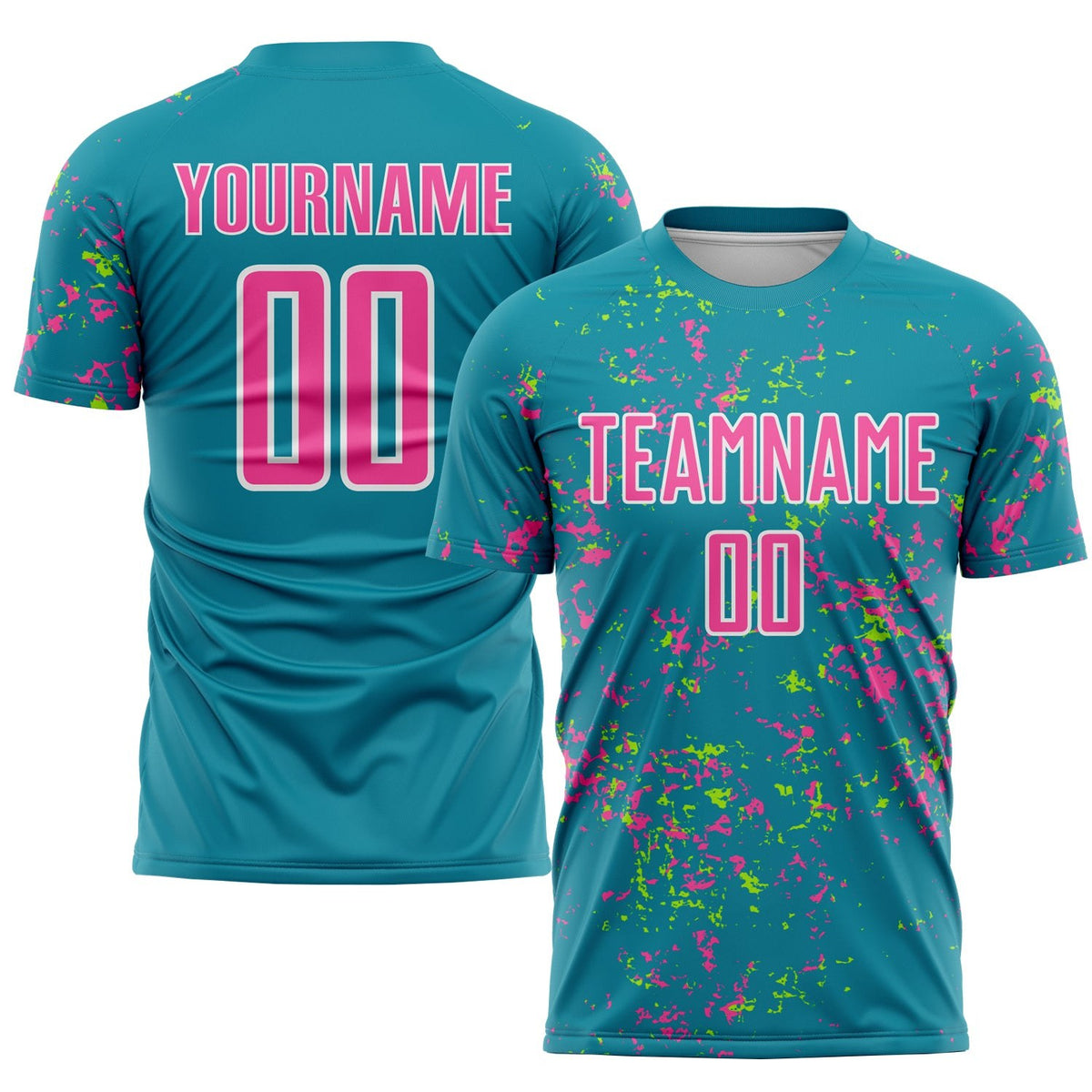 Custom Teal Pink-Neon Green Abstract Fragment Art Sublimation Soccer Uniform Jersey photo 1