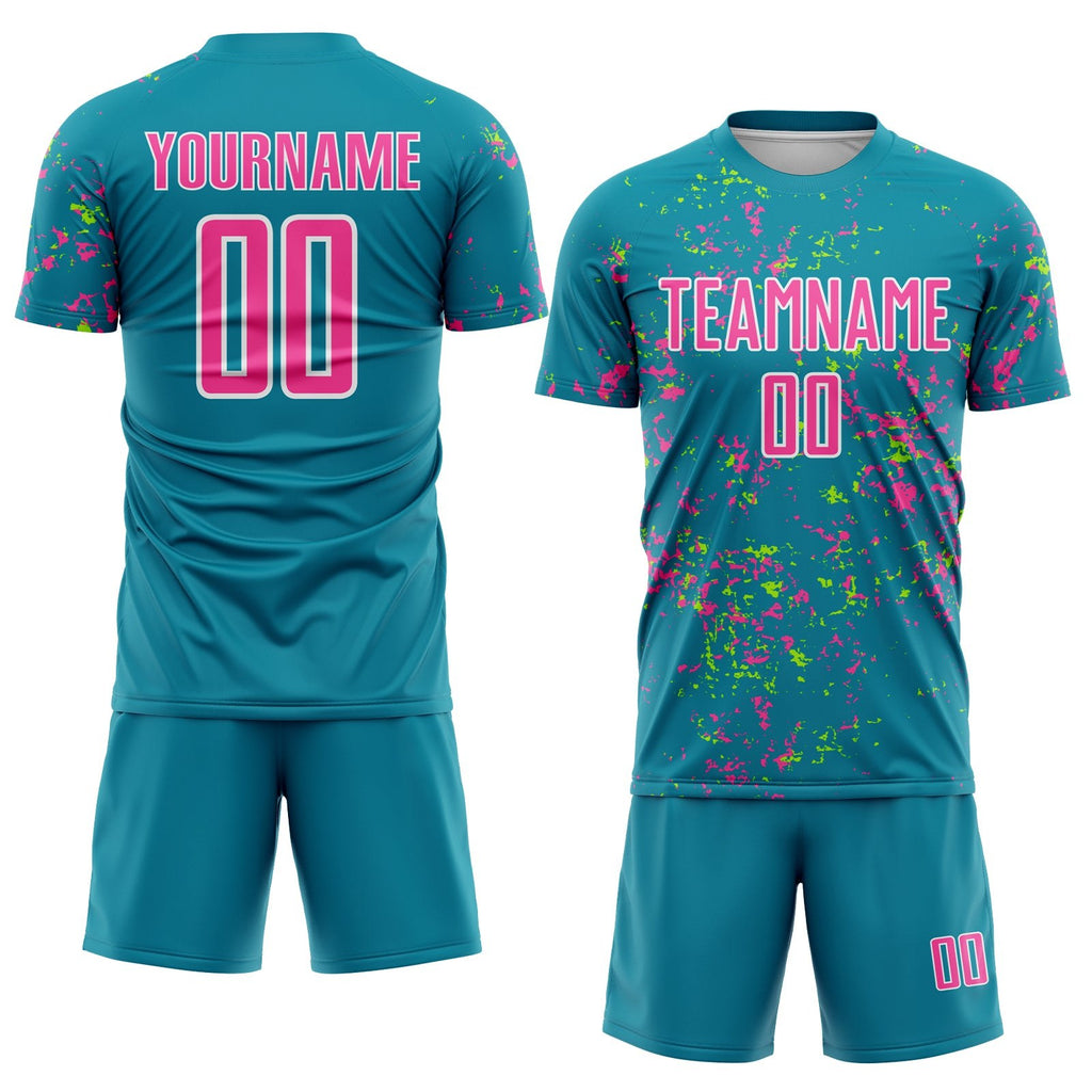 Custom Teal Pink-Neon Green Abstract Fragment Art Sublimation Soccer Uniform Jersey photo 2