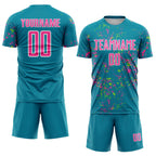Custom Teal Pink-Neon Green Abstract Fragment Art Sublimation Soccer Uniform Jersey photo 2