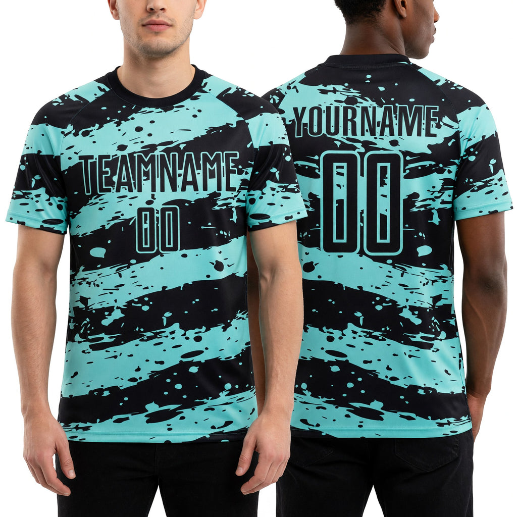 Custom Black Ice Blue Splash Sublimation Soccer Uniform Jersey worn front and back