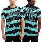 Custom Black Ice Blue Splash Sublimation Soccer Uniform Jersey worn front and back