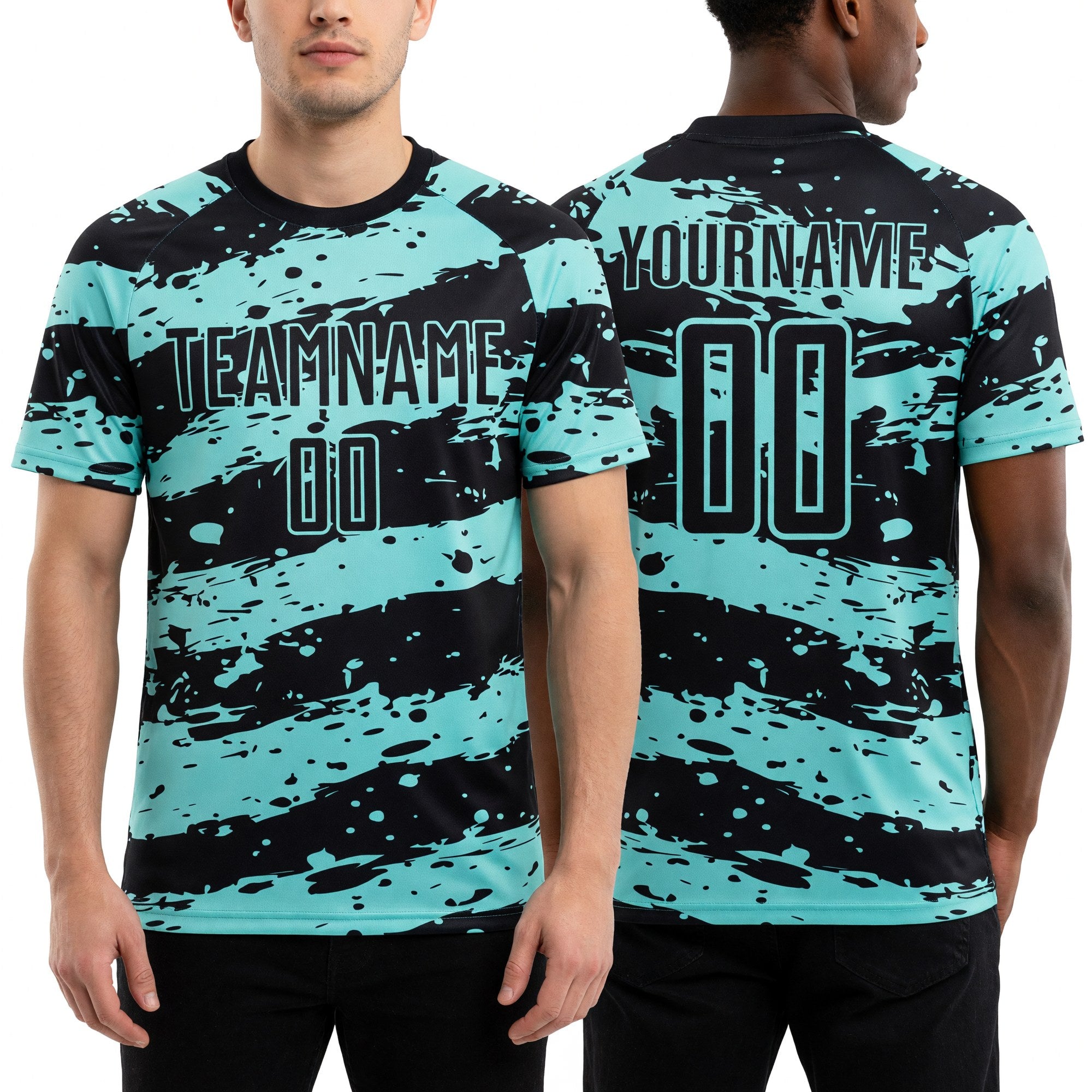 Custom Black Ice Blue Splash Sublimation Soccer Uniform Jersey worn front and back