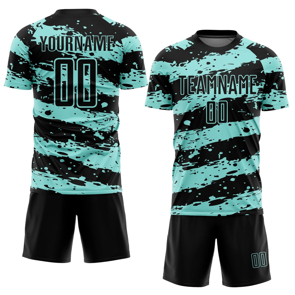 Custom Black Ice Blue Splash Sublimation Soccer Uniform Jersey photo 2
