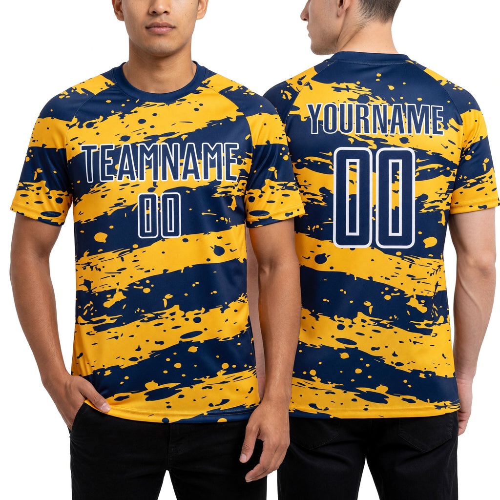Custom Navy Gold-White Splash Sublimation Soccer Uniform Jersey worn front and back