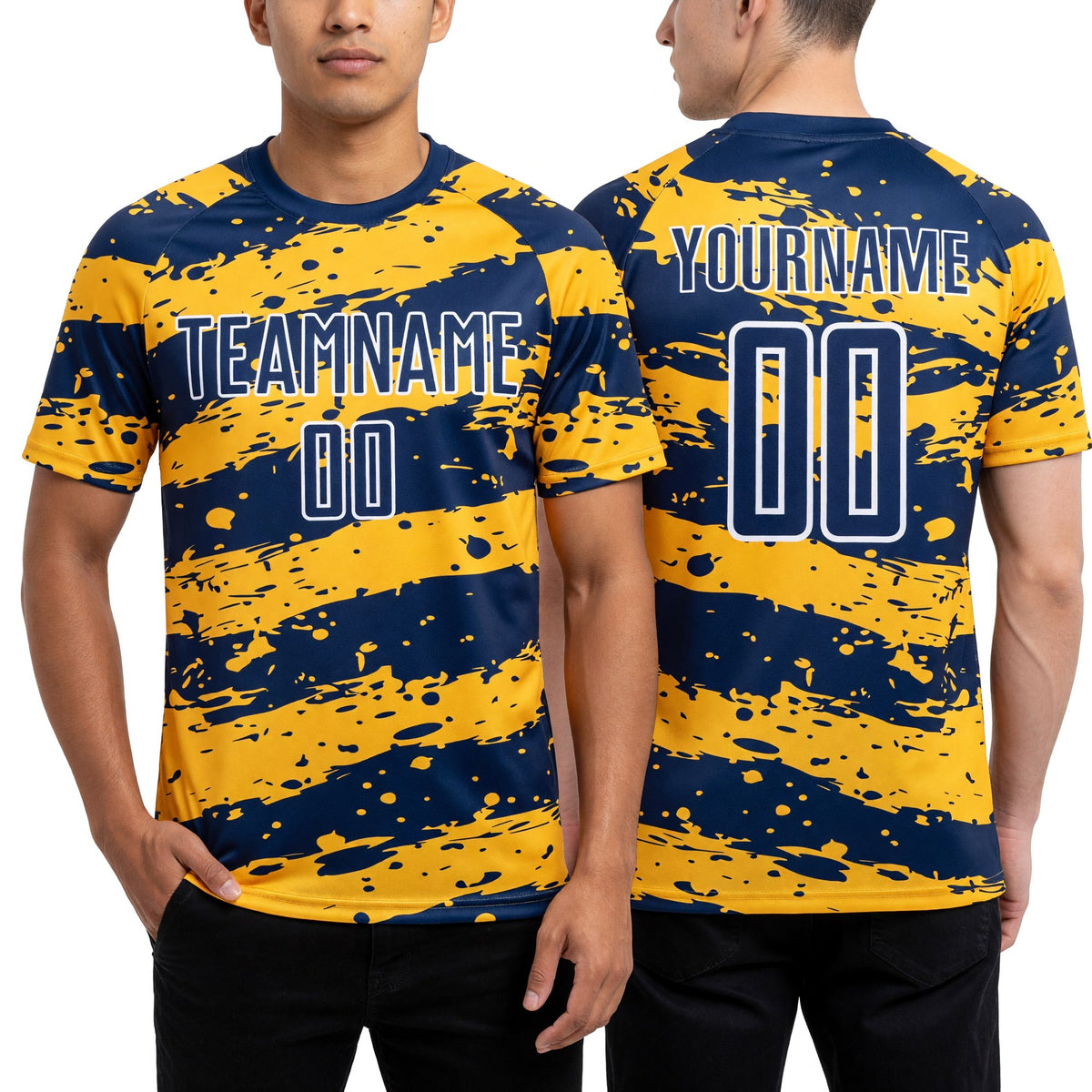 Custom Navy Gold-White Splash Sublimation Soccer Uniform Jersey worn front and back
